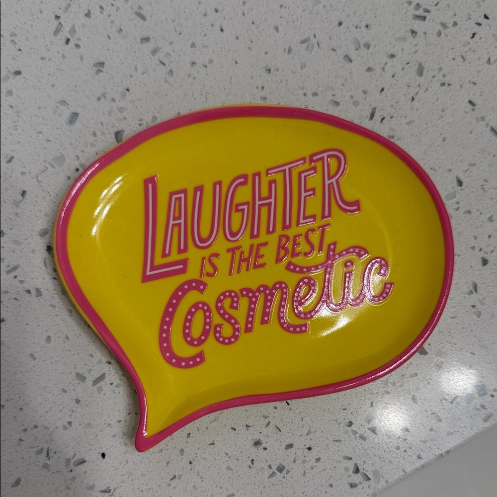 Benefit Cosmetics Yellow Speech Bubble Ceramic dish with Pink Lettering
